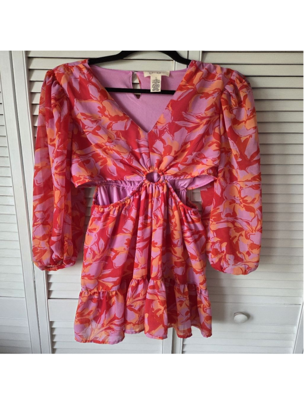 Women's Jessica Simpson Long Sleeve Dress L Pink Red Floral Cutout